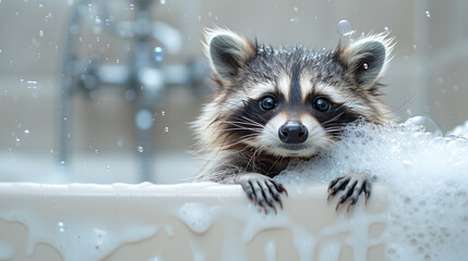 Adorable raccoon in a bathtub surrounded by bubbles. Cute and playful moment during bath time