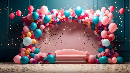 Wall Mural - Backdrop for a party featuring lights, confetti, balloons, and a serpentine
