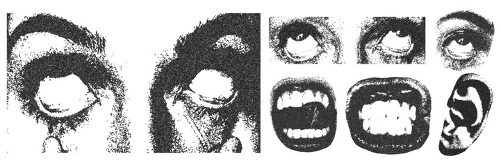 Retro grunge collage with a photocopy effect. Creepy face with white eyeballs, mouth in a grin, ear, eyes. Dot texture and stipple effect.