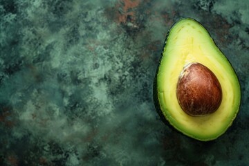 Top view of a ripe avocado half with pit on a rustic and moody green surface