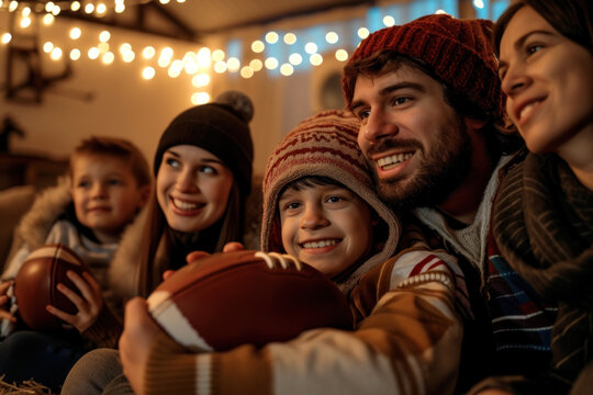 A cozy family evening watching a football game at home, sharing laughs and cheers in a warmly lit living room