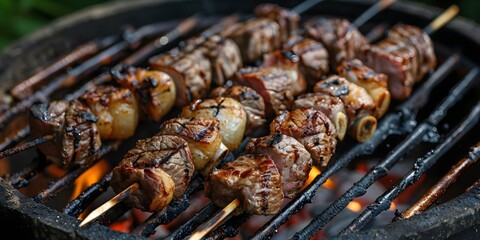 Wall Mural - Grilled pork and steak skewers cooked to mediumrare perfection on the barbecue. Concept Barbecue, Grilled Meat, Skewers, Medium Rare, Pork, Steak