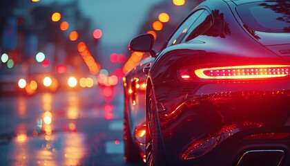 Wall Mural - rear view of modern luxury car on night road, new shiny auto vehicle in traffic, back lamp light view, illuminated city. on background