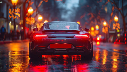 Wall Mural - rear view of modern luxury sport car on night road, new shiny auto vehicle in traffic, back lamp light view, illuminated city. on background