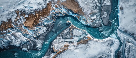 Wall Mural - A captivating aerial view of a small town covered in a blanket of snow. Aerial panoramic shot at winter.