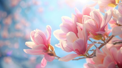 Wall Mural - Magnificent pink magnolia against a background of the sky