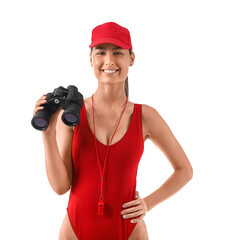 Wall Mural - Female lifeguard with binoculars and whistle isolated on white background