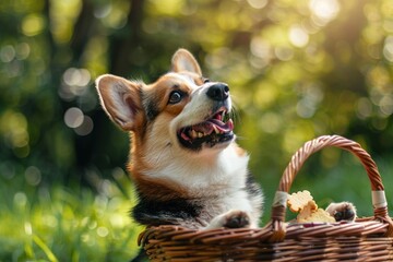 Canvas Print - A happy dog standing on its hind legs eagerly waiting for a treat from its owners picnic basket