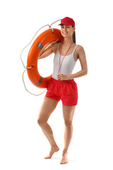 Canvas Print - Female lifeguard with ring buoy and whistle isolated on white background