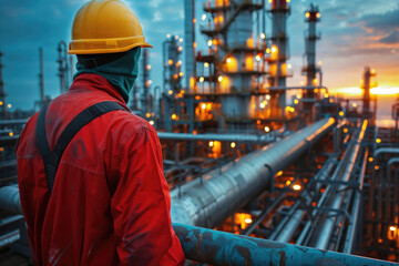 Wall Mural - A man in a red jacket stands on a railing overlooking a large industrial plant