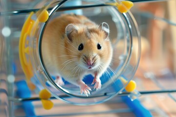 Sticker - A hamster running on a wheel in its cage, reflecting the popularity of small rodents as low-maintenance and interactive pets