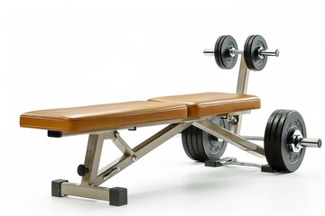 fitness equipment including workout bench and free weights isolated on white background product photography