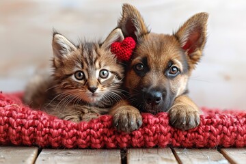 Wall Mural - A cute kitten and puppy with a paper heart in its paws on a grey background with a copy of the space