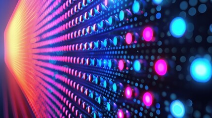 Wall Mural - Abstract futuristic neon glowing led wall dots pattern texture background. Generated AI image