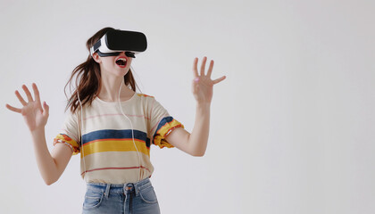 Young woman wearing virtual reality goggles headset, vr box. Connection, technology, new generation and progress concept. Studio shot on gray
