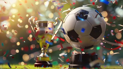 Wall Mural - soccer champion cup next to a ball with streamers