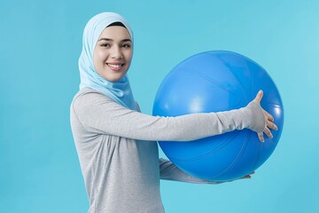 Sporty Muslim woman wearing a headscarf holding a blue exercise ball.