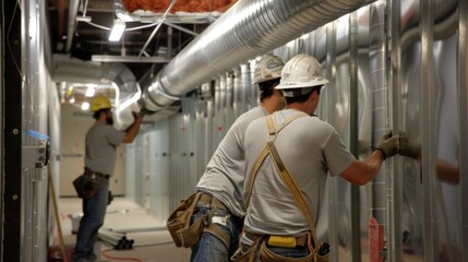 Wall Mural - Two workers securing large metal ducts to the walls of a newly constructed office space.