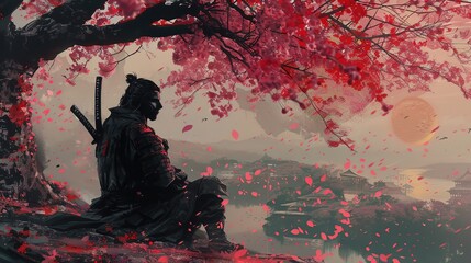 a masked zoro fighter, sitting cherry blossom tree, cinematic, fantasy painting