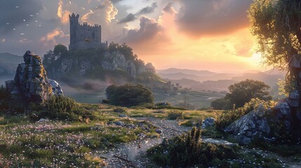 Sticker - a medieval countryside with an English castle in the distance, atmospheric, hyper realistic, 8k, epic composition, cinematic, octane render, artstation landscape