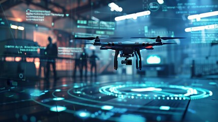 Wall Mural - a drone taking off from a landing pad at a remote operation center with a group of operators visible