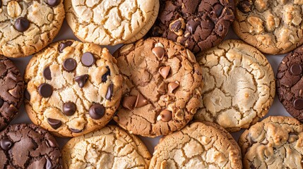 Close-up of assorted cookies, including chocolate chip, oatmeal raisin, and white chocolate, filling the frame with delicious detail.