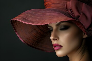 Sticker - Close-up portrait of a stylish woman with closed eyes wearing a large, colorful hat on a dark background