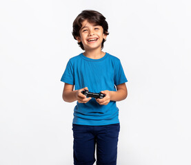 hispanic children holding a gamepad isolated on white, wearing a blue tshirt. Playing video games 