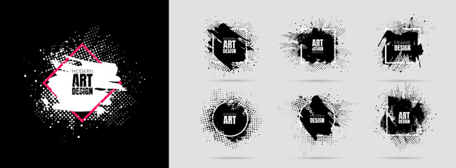 Wall Mural - vector background for text. grunge banners set. black paint. brush ink stroke with halftone dots. el