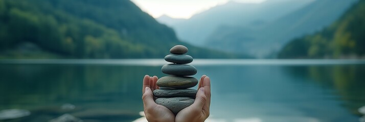 Wall Mural - Hands holding a stack of smooth stones by a tranquil lake with mountains in the background