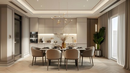 Wall Mural - Interior of the dining room with bright, warm, elegant, and modern style. Modern and Stylish minimal decor design, Home furniture for decoration.