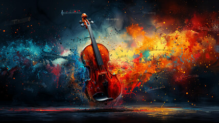 abstract pattern with violin in color powder explosion, music concept. Wall Art Poster Print Design for Home Decor, 4K Wallpaper and Background for Computer, Smartphone, Cellphone, Mobile Cell Phone