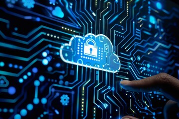 Wall Mural - Finger touching a digital cloud lock on a circuit board, illustrating advanced data protection and cybersecurity measures in a high-tech environment.