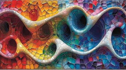 Poster - Vibrant abstract glass mosaic with flowing interconnected shapes in a spectrum of colors