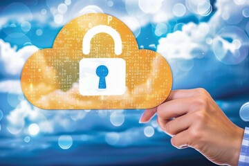 Sticker - Golden cloud lock icon held by hand against a blue sky, symbolizing digital security and data protection in a vibrant and serene setting.