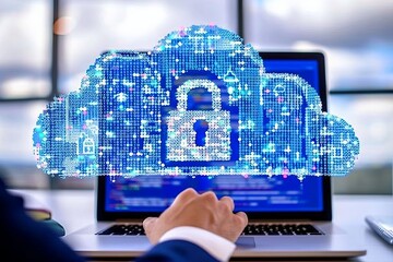 Wall Mural - Hand pointing at a secure cloud lock icon on a digital interface, representing advanced data protection and cybersecurity.