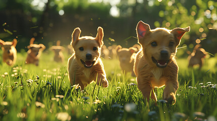 Wall Mural - A photorealistic scene of puppies running through a grassy meadow, their ears flapping and tails wagging, with bright sunlight casting shadows on the ground