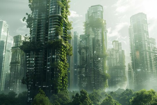 futuristic ecofriendly city with towering green skyscrapers and clean energy sustainable architectur