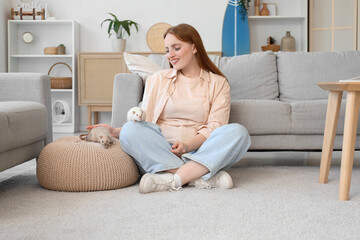 Sticker - Beautiful redhead woman with cute rats sitting on floor at home