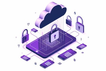 Wall Mural - Secure lock icon in a cloud network, representing data protection and advanced cybersecurity measures.