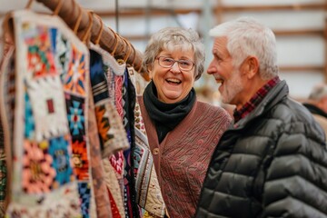 Sticker - a retired couple laughing and reminiscing as they browse through a display of handsewn quilts and bl