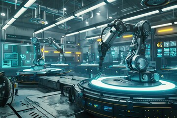 Wall Mural - futuristic factory with robot arms and digital communication network 3d rendering