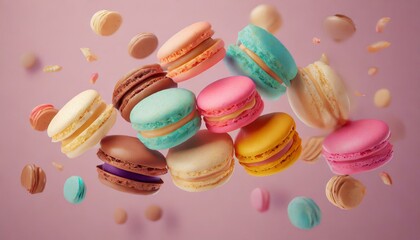 Various colorful of macarons floating in the air with motion blur pink background
