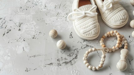 Baby shoes and teethers. Organic newborn accessories. copy space