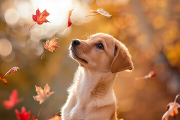 Wall Mural - Cute dog puppy sitting in the ground and watching autumn maple leaves fallen. Colourful autumn view. Bokeh background.