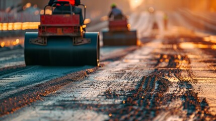 Road rollers working on the new road construction site generative ai