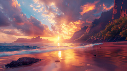 paisaje de la costa en la orilla de la playa con montañas y cerros rocas en la arena con un hermoso cielo con nubes y agua cristalina en un hermoso atardecer o amanecer cayendo el ocaso