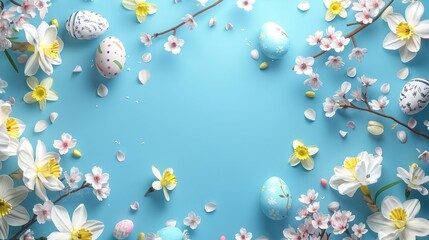 Wall Mural - Festive banner with spring flowers and Easter eggs, white daffodils and cherry blossom branches on a blue pastel background realistic