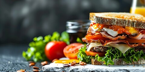 Wall Mural - Top view of breakfast club sandwich ingredients on white stone table. Concept Breakfast, Club Sandwich, Ingredients, White Stone Table, Top View