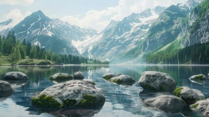 Wall Mural - Find an image of stones near a mountain lake with snow-capped peaks. realistic